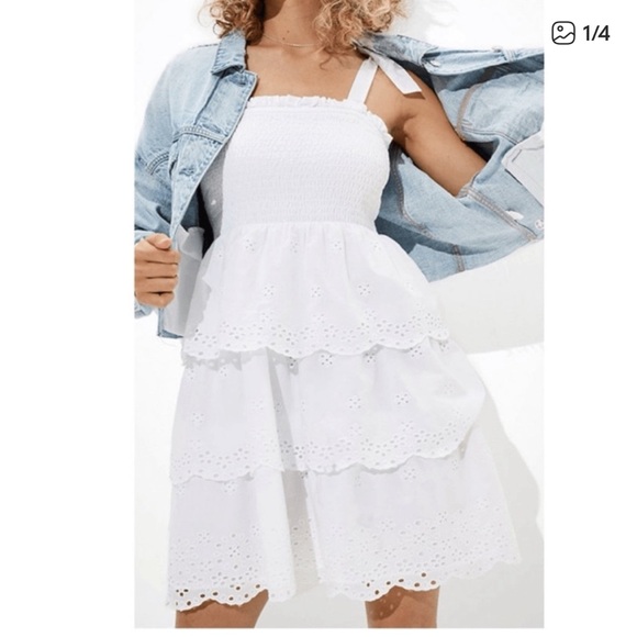 American Eagle Outfitters Dresses & Skirts - American eagle white eyelet smocked tiered dress with ties sz s